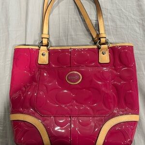Coach Pink and Tan Tote Bag with Signature Embossed Design
